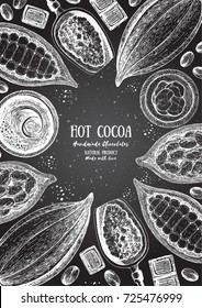 Cocoa products frame vector illustration. Handmade chocolate, super food. Vintage elements with cocoa for design.