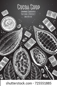 Cocoa products frame vector illustration. Handmade chocolate, super food. Vintage elements with cocoa for design.