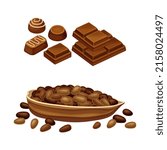 Cocoa products set. Cocoa beans chocolate candies vector illustration