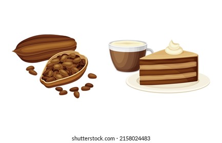 Kakaoprodukte-Set. getrocknete Bohnen, Schokoladenkuchen, Tasse heißen Getränken, Vektorgrafik