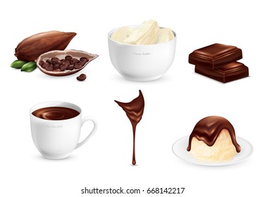 Cocoa products set with ripe beans, sweets, cup of hot chocolate, stream of glaze isolated vector illustration 