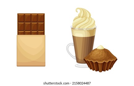Cocoa products set. Sweet chocolate bar, ice cream and muffin vector illustration