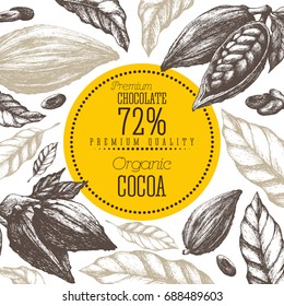 Cocoa products vector illustration frame. Handmade chocolate, organic food, eco design. Vintage elements isolated.