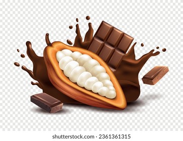 Cocoa realistic composition with raw cocoa beans and chocolate bar at transparent background vector illustration
