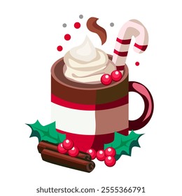Cocoa in a red ceramic cup with whipped cream, cinnamon and cherries.Christmas and New Year Festival.Vector illustration isolated on white background.