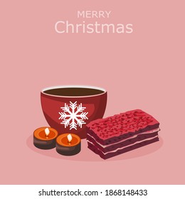 Cocoa in a red glass, snowflake pattern and red velvet cake with red cream cheese on top.has Christmas candles placed on the side.Merry christmas messages.Vector isolated on red background.