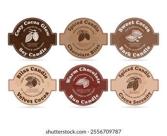 Cocoa scented candle labels, each featuring enticing scents like sweet cocoa and spicy chocolate. Perfect for creating a warm and cozy atmosphere.