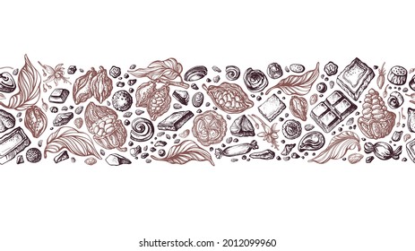 Cocoa seamless border. Vector art sketch pattern. Hand drawn fruit, bean, candy. Aroma chocolate product. Graphic background for sweet-shop, cafe, menu