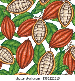 Cocoa seamless pattern. Cocoa beans vector illustration. Chocolate beans. Background design. Hand drawn illustration. Can used for packaging design.