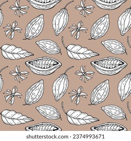 Cocoa Seamless pattern with fruits and cacao plant repeating background hand drawn decorative ornament for wrapping, paper, template, card, textile.Coco palm harvest, sweets, chocolate ingredients 