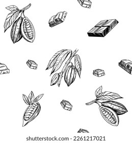 Patrón sin costuras de cacao. Esbozo vectorial dibujado a mano. Ilustración de chocolate