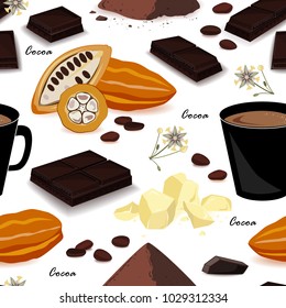 Cocoa seamless pattern. Pod, beans, cocoa butter, cocoa liquor, chocolate, cocoa drink and powder. Vector illustration