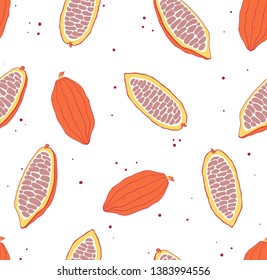 Cocoa seamless pattern. Tropical background. Chocolete bean