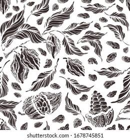 Cocoa seamless pattern. Vector engraving of branch, bean, tropical fruit, leaves, bob, old forest. Graphic monochrome print. Chocolate vintage texture background
