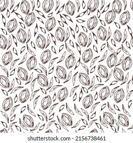 Cocoa seamless patterns background. Vector illustration with cocoa beans and leaves. Brown color. Design for chocolate packaging advertising banner. Natural product.