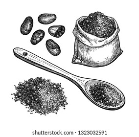 Cocoa set. Ink sketch isolated on white background. Hand drawn vector illustration. Retro style.
