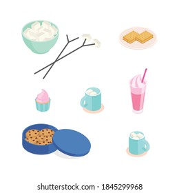 Cocoa and set. Isometric vector illustration in flat design.