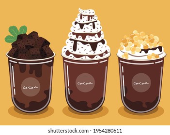 Cocoa Shake Set Garnish With Brownies And Chocolate Sauce. And The Chewy Golden Pearls And Delicious Whipped Cream.