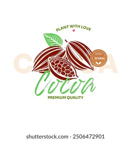 Boceto de cacao Plantilla de logotipo de agricultura orgánica. Dibujado a mano croquis de coco con tipografía retro sobre fondo blanco