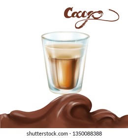 cocoa splashes and glass cup drink, vector 3d illustration isolated