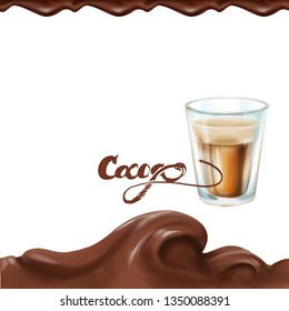 cocoa splashes and glass cup drink, vector 3d illustration isolated