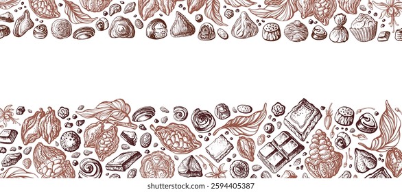 Cocoa and sweet candy, truffles. Organic chocolate. Aroma beans, texture leaves, sweet fruit. Natural bio butter. Vintage art illustration for food print, package, template design