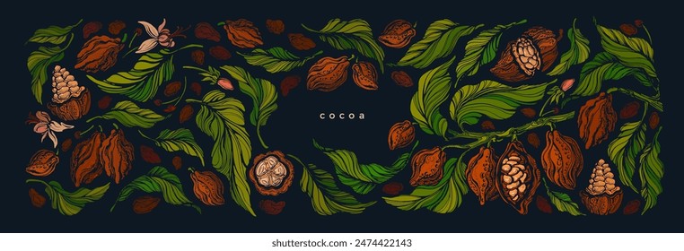 Cocoa template. Tropical fruit frame. Organic black chocolate. Raw beans, green leaves, flower with aroma butter. Exotic plants background. Vintage illustration for cover design, food package