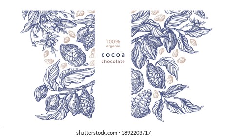 Cocoa template. Vector graphic background. Vintage hand drawn botanical tree, bean, tropical fruit, sketch leaf. Organic sweet food, aroma drink, natural chocolate. Engraved style