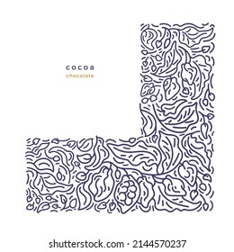 Cocoa texture abstract ornament. Vector linear tree, branch, fruit. Graphic pattern on white background. Organic chocolate, aroma food