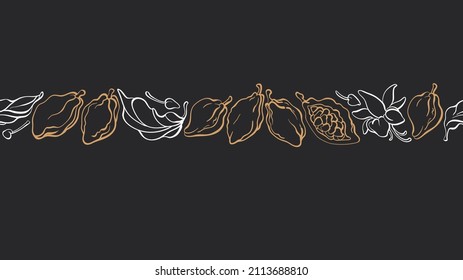 Borde de textura de cacao. Árbol de Choco, fruta. Ornamento horizontal vectorial. Dibujar un patrón impecable en el fondo negro