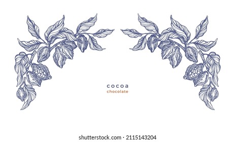Cocoa texture border. Ornament of fruit, branch. Vector hand drawn rustic illustration on white background. Organic chocolate, aroma drink, natural butter. Vintage print