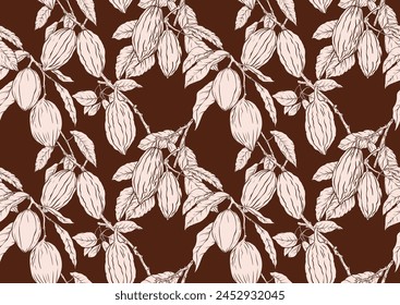 Cocoa tree branch with cocoa beans, chocolate beans, Seamless pattern, background. Vector illustration. In botanical style