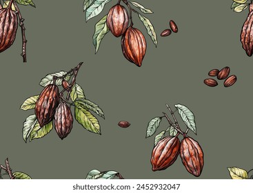 Cocoa tree branch with cocoa beans, chocolate beans, Seamless pattern, background. Vector illustration. In botanical style