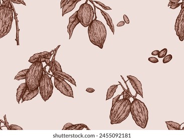 Rama de árbol de cacao con granos de cacao, granos de chocolate, patrón sin costura, fondo. Ilustración vectorial. En estilo botánico