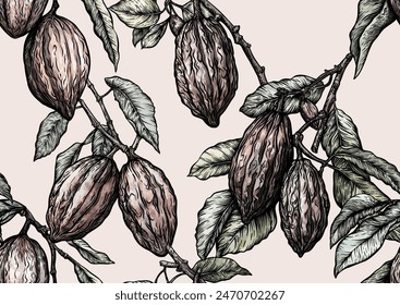 Cocoa tree branch with cocoa beans, chocolate beans, Seamless pattern, background. Vector illustration. In botanical style