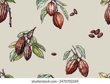 Cocoa tree branch with cocoa beans, chocolate beans, Seamless pattern, background. Vector illustration. In botanical style