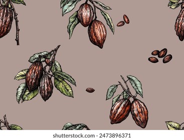 Kakaobaumzweig mit Kakaobohnen, Schokobohnen, Nahtloses Muster, Hintergrund. Vektorillustration. Im botanischen Stil