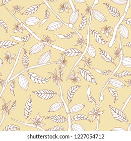 Cocoa tree branches bearing flowers and fruit pods seamless vector pattern background. Great for fabric, packaging, paper, stationery, home decor, wallpaper and more.