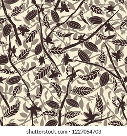Cocoa tree flowers branches and fruit pods arranged in a forest- like layering seamless vector pattern background. Great for fabric, packaging, paper, stationery, home decor, wallpaper and more.