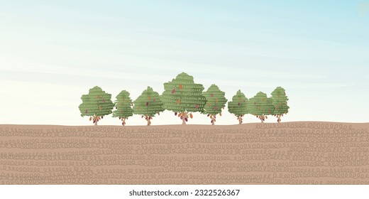 Cocoa tree landscape vector illustration with blank space. Cacao plant childish style flat design background.