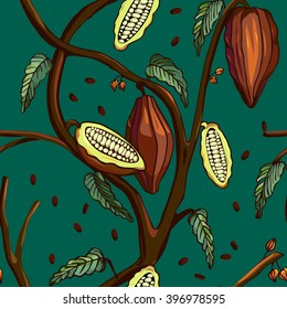 Cocoa tree pattern. Seamless background of cocoa tree with beans and leafs.Tropical print. Vector illustration 