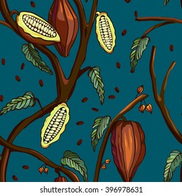 Cocoa tree pattern. Seamless background of cocoa tree with beans and leafs.Tropical print. Vector illustration 