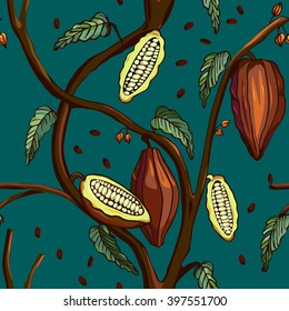 Cocoa tree pattern. Seamless background of cocoa tree with beans and leafs.Tropical print. Vector illustration 
