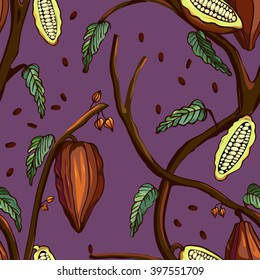 Cocoa tree pattern. Seamless background of cocoa tree with beans and leafs.Tropical print. Vector illustration 