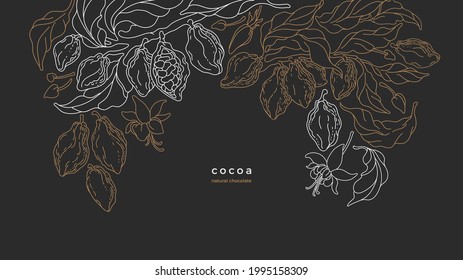 Árbol de cacao, vaina cruda y frijol de aroma en la plantación. chocolate ecuador natural. Ilustración vectorial dibujada a mano. Fondo gráfico vintage, esbozo de línea de arte