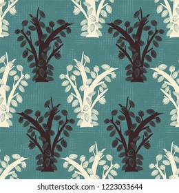 cocoa tree silhouettes on canvas seamless pattern background. Great for packaging, confectionery, fabric, home decor, stationery.