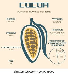 Cocoa, vector illustration . Calorie and energy value of foods. Chemical composition and nutritional value. Chocolate infographics.