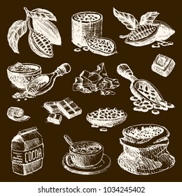 Cocoa vector products handdrawn sketch doodle style coffee beans products food chocolate sweet cacao illustration. Vintage style plant natural bean organic cacao ingredients