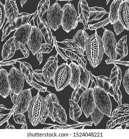 Cocoa vector seamless pattern. Chocolate cocoa beans background. Vector hand drawn illustration on chalk board. Retro style illustration.