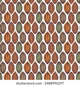 Cocoa vector seamless pattern. Chocolate cocoa beans background. Vector hand drawn illustration. Modern style illustration